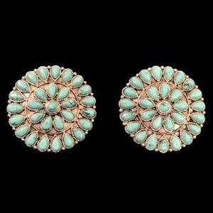 Western Cluster Work Concho Style Earrings - Silver Tone with Turquoise Accents